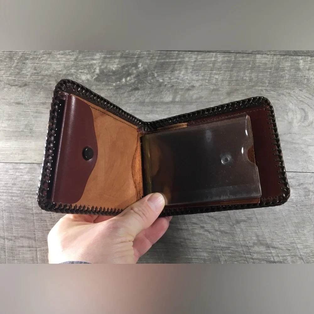 New Old Stock With Box Rolfs Hand Tooled Leather Brown Billfold Wallet Vintage